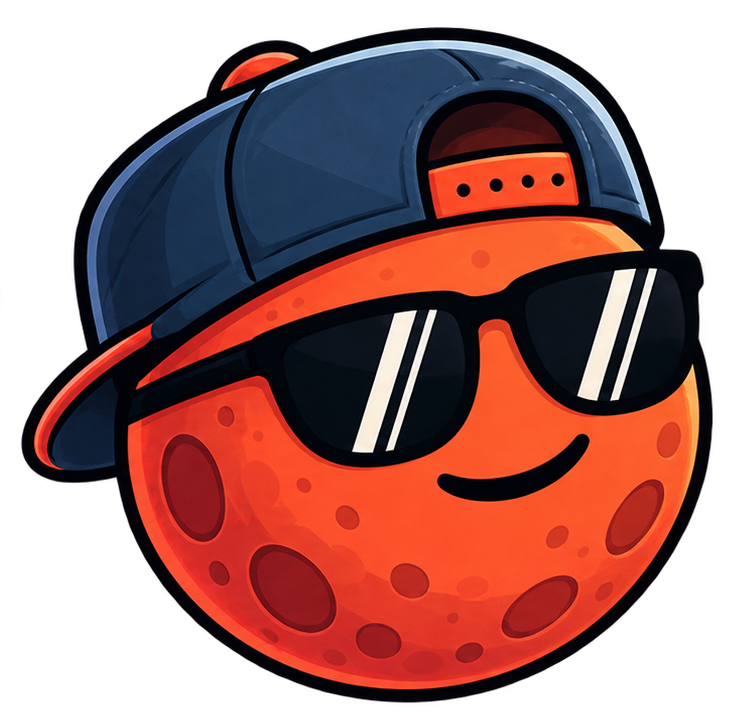Mascotte THE UNIVERSE, planète orange avec casquette et lunettes noires